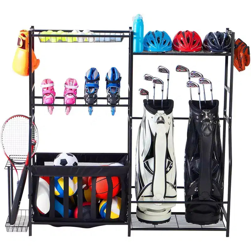 Organisateur d'équipement de sport pour garage LUGO avec paniers et crochets : étagères de rangement en acier, étagères ouvertes, noir, 5 étagères