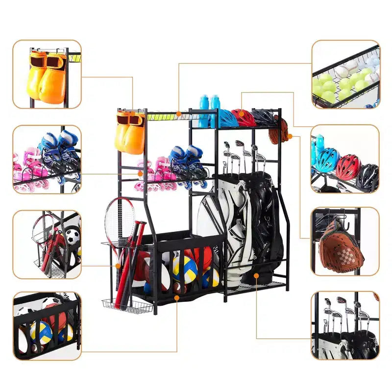 Organisateur d'équipement de sport pour garage LUGO avec paniers et crochets : étagères de rangement en acier, étagères ouvertes, noir, 5 étagères