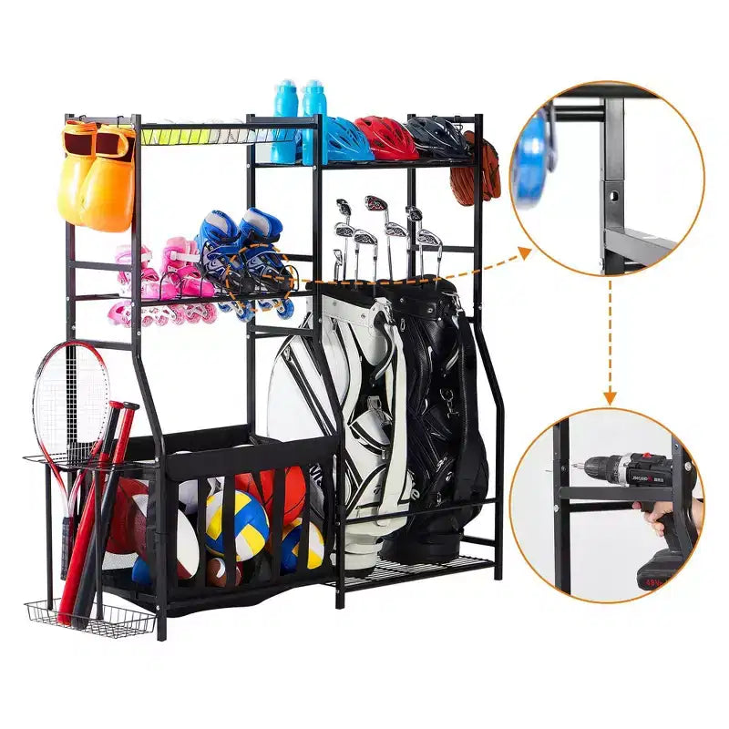 Organisateur d'équipement de sport pour garage LUGO avec paniers et crochets : étagères de rangement en acier, étagères ouvertes, noir, 5 étagères