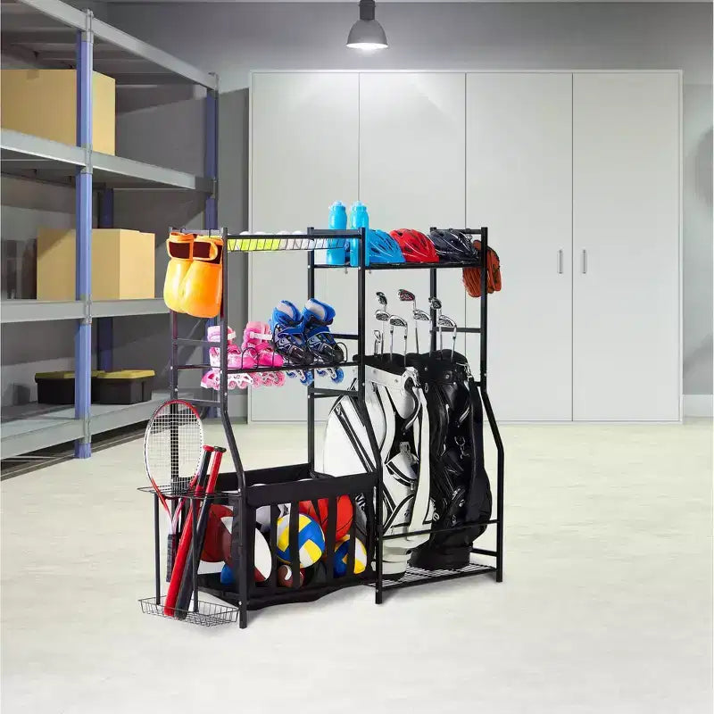 Organisateur d'équipement de sport pour garage LUGO avec paniers et crochets : étagères de rangement en acier, étagères ouvertes, noir, 5 étagères