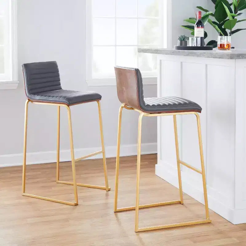 Tabourets de bar à hauteur fixe 30" en métal doré et bois de noyer/cuir PU gris