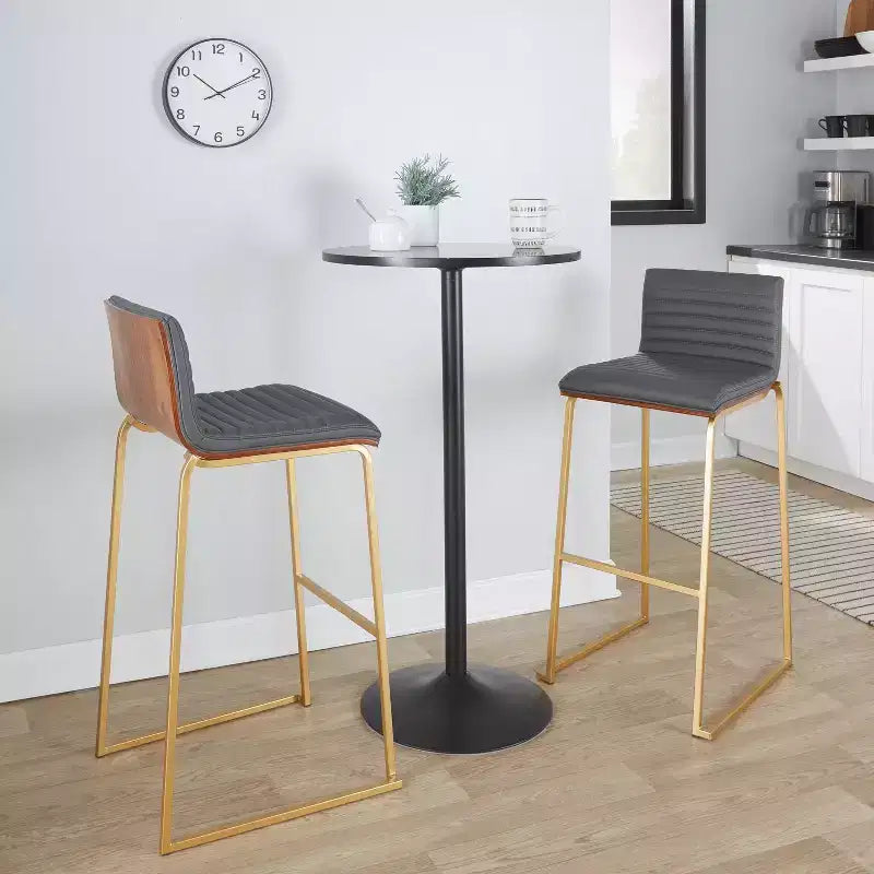 Tabourets de bar à hauteur fixe 30" en métal doré et bois de noyer/cuir PU gris
