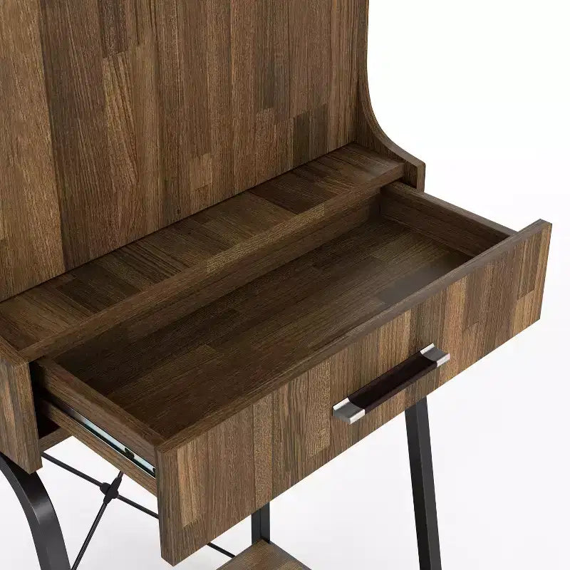Mini bar industriel à 1 tiroir avec étagères et finition Hickory clair : Rangement pour vins, capacité de 20 bouteilles