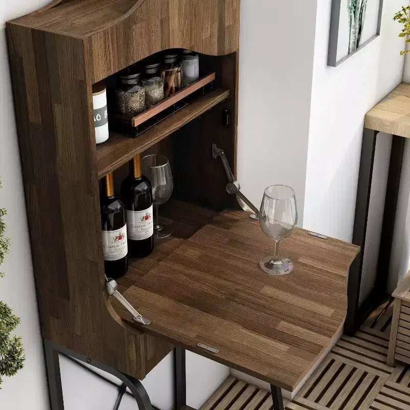 Mini bar industriel à 1 tiroir avec étagères et finition Hickory clair : Rangement pour vins, capacité de 20 bouteilles