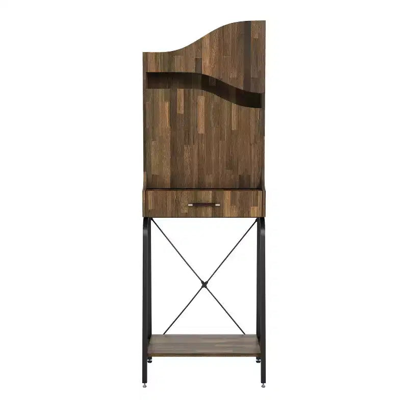 Mini bar industriel à 1 tiroir avec étagères et finition Hickory clair : Rangement pour vins, capacité de 20 bouteilles