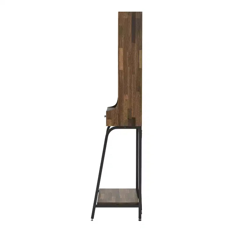 Mini bar industriel à 1 tiroir avec étagères et finition Hickory clair : Rangement pour vins, capacité de 20 bouteilles