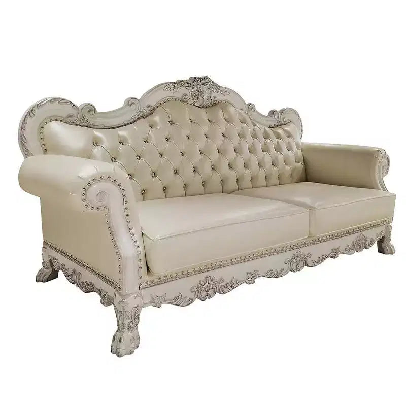 Canapé de Dresde 85,5 po en cuir synthétique et finition blanc cassé - Acme Furniture : Rembourrage capitonné traditionnel avec clous décoratifs