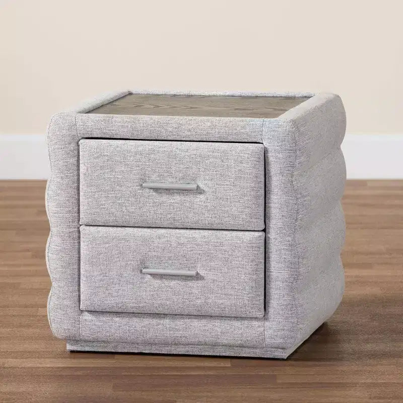 Table de chevet capitonnée en tissu à 2 tiroirs gris clair