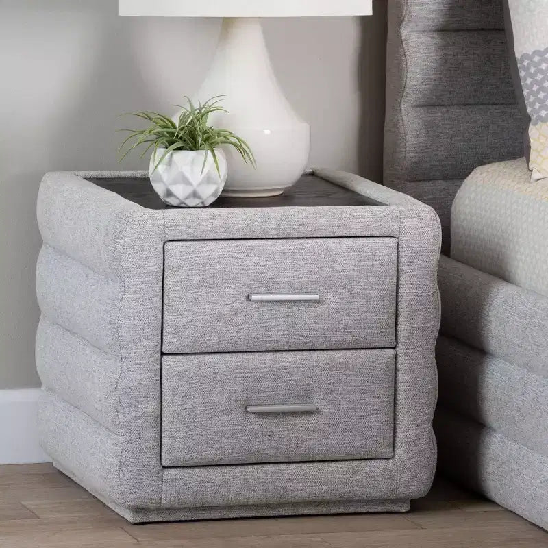 Table de chevet capitonnée en tissu à 2 tiroirs gris clair