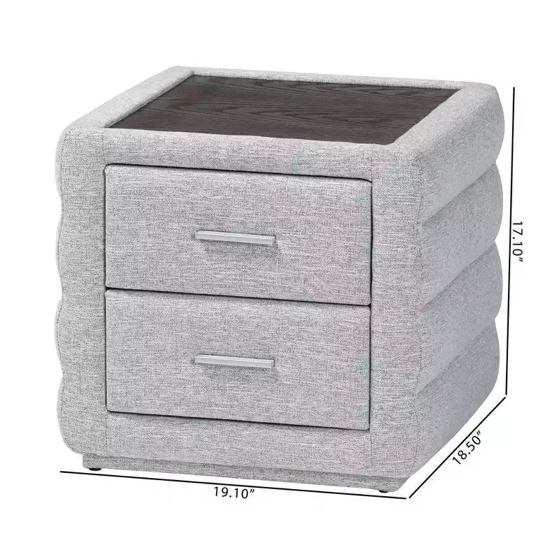 Table de chevet capitonnée en tissu à 2 tiroirs gris clair