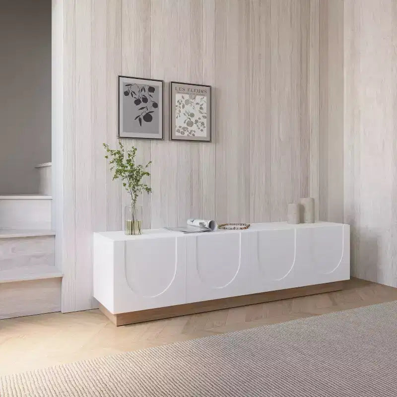 Meuble TV pour téléviseurs jusqu'à 80" Blanc : Console moderne avec étagères réglables, gestion des câbles