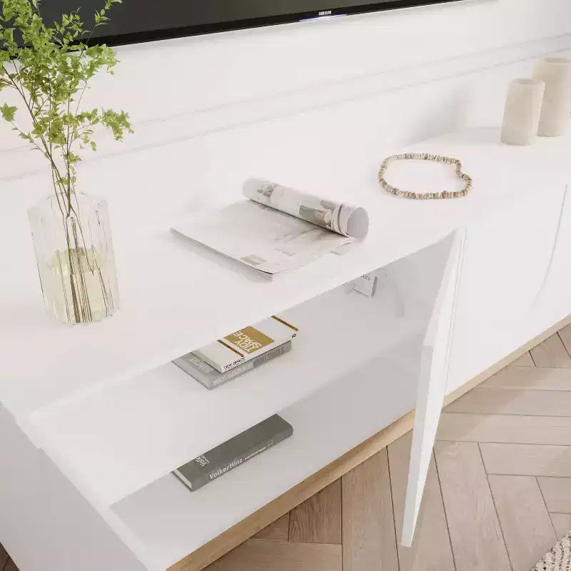 Meuble TV pour téléviseurs jusqu'à 80" Blanc : Console moderne avec étagères réglables, gestion des câbles
