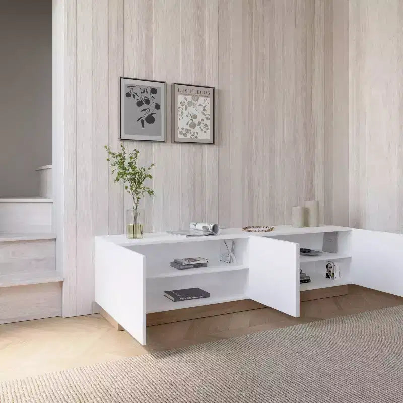 Meuble TV pour téléviseurs jusqu'à 80" Blanc : Console moderne avec étagères réglables, gestion des câbles