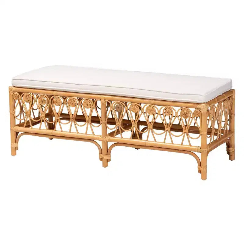 Banc en rotin Blanc/Miel clair : Fait main, coussin moelleux, aucun assemblage requis