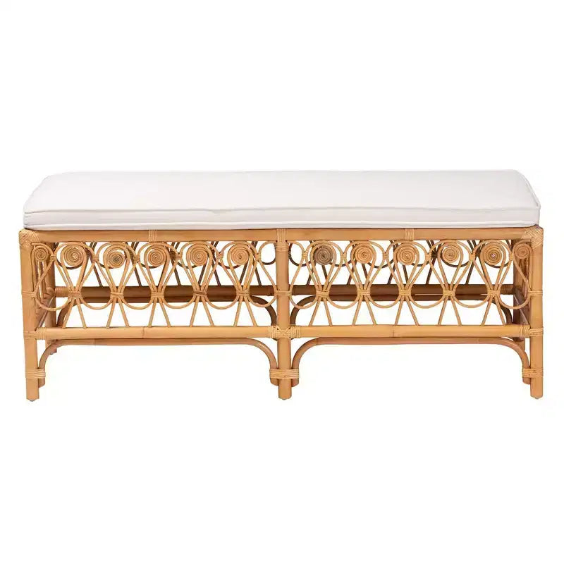 Banc en rotin Blanc/Miel clair : Fait main, coussin moelleux, aucun assemblage requis