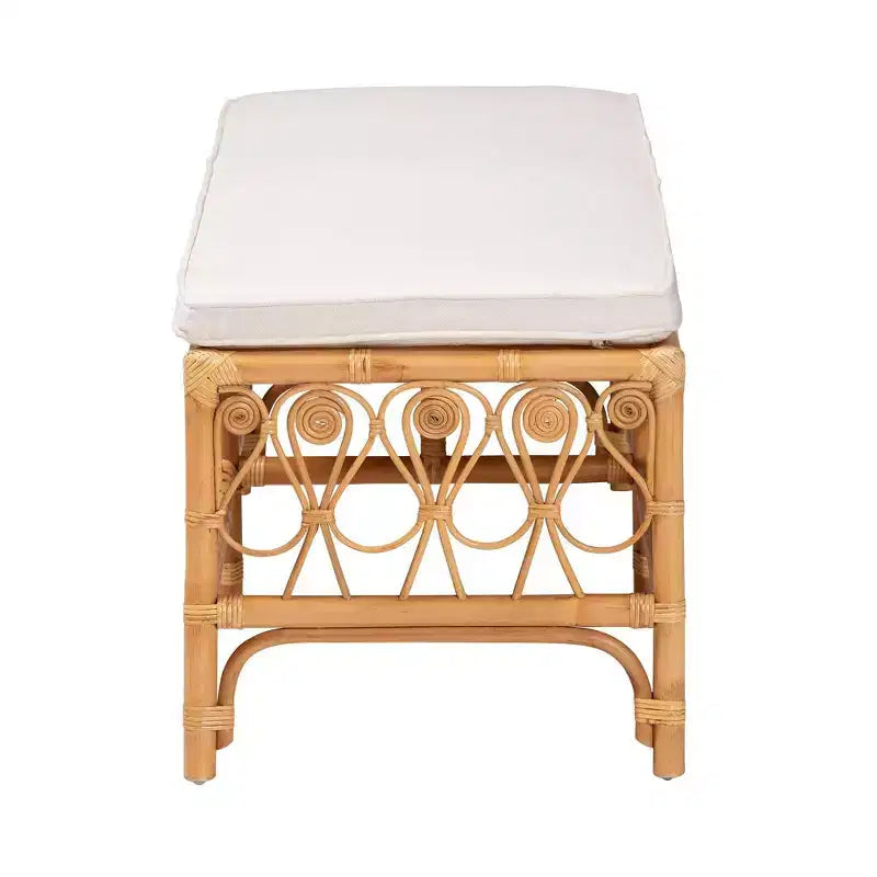 Banc en rotin Blanc/Miel clair : Fait main, coussin moelleux, aucun assemblage requis