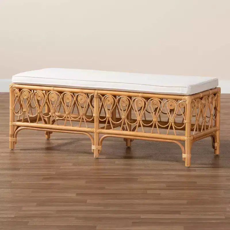 Banc en rotin Blanc/Miel clair : Fait main, coussin moelleux, aucun assemblage requis