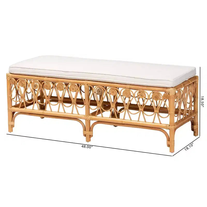 Banc en rotin Blanc/Miel clair : Fait main, coussin moelleux, aucun assemblage requis