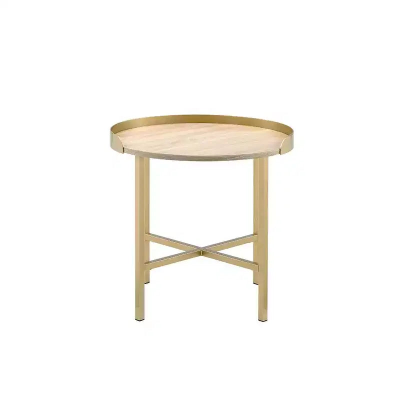 Table d'appoint 22" Plateau Chêne, Base Métal Doré : Ronde, Design Barre Transversale, Montage Sans Outils