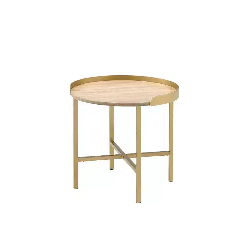 Table d'appoint 22" Plateau Chêne, Base Métal Doré : Ronde, Design Barre Transversale, Montage Sans Outils