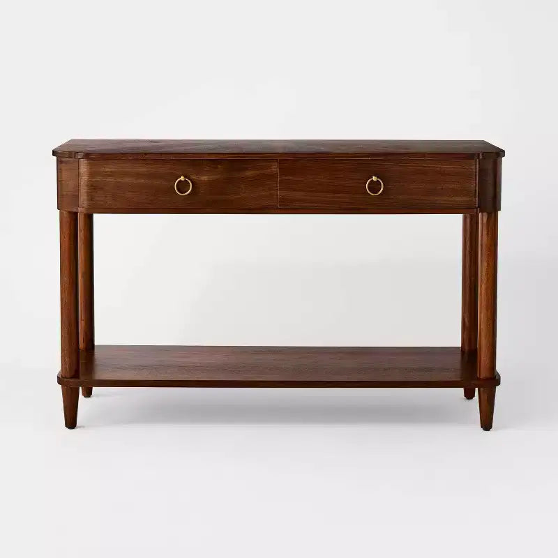 Console NÉPHI avec deux tiroirs en placage de bois de noyer brun