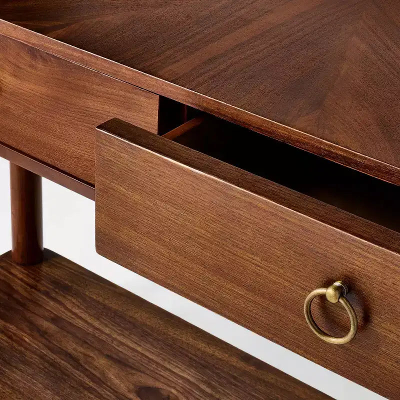 Console NÉPHI avec deux tiroirs en placage de bois de noyer brun