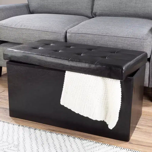Hasting Home 30-Inch Storage Ottoman - Folding Faux Leather Footrest, Linen Chest, or Bench