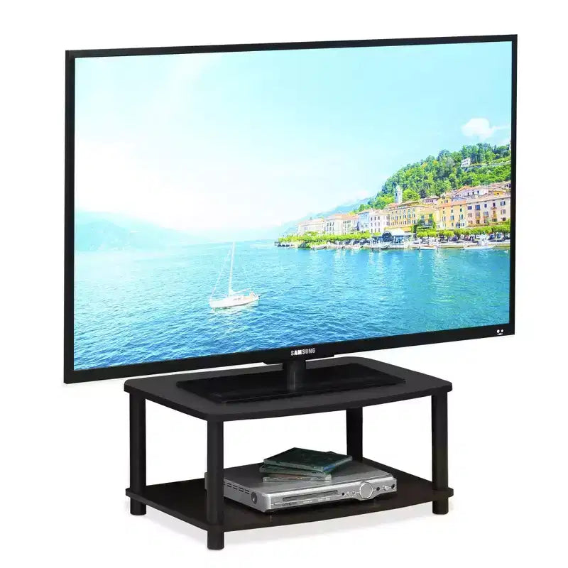 Meubles TV surélevés sans outils avec étagères de rangement ouvertes à 2 niveaux, console TV pour téléviseurs jusqu'à 25 pouces, noyer foncé