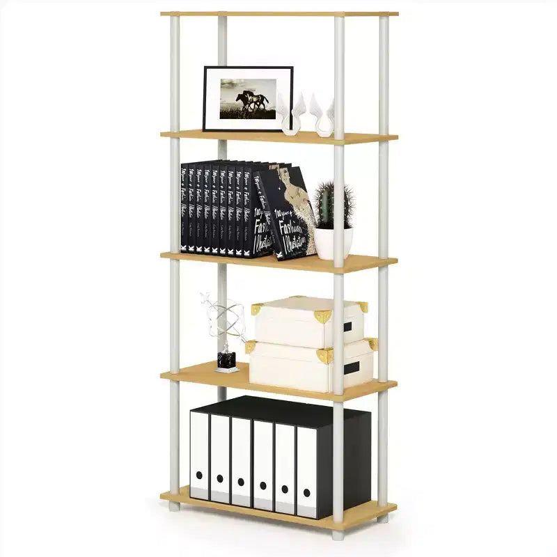 Étagère à 5 niveaux haute décorative, bibliothèque de rangement, étagères ouvertes polyvalentes, présentoir pour salon et bureau à domicile, hêtre/blanc