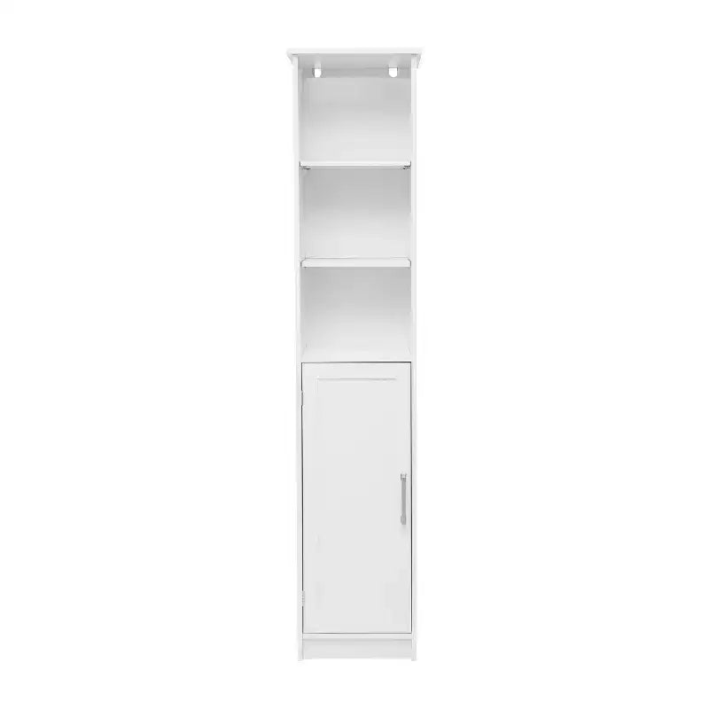 Meuble de rangement pour salle de bain autonome, colonne de rangement étroite avec porte, étagère intérieure réglable et étagères supérieures ouvertes