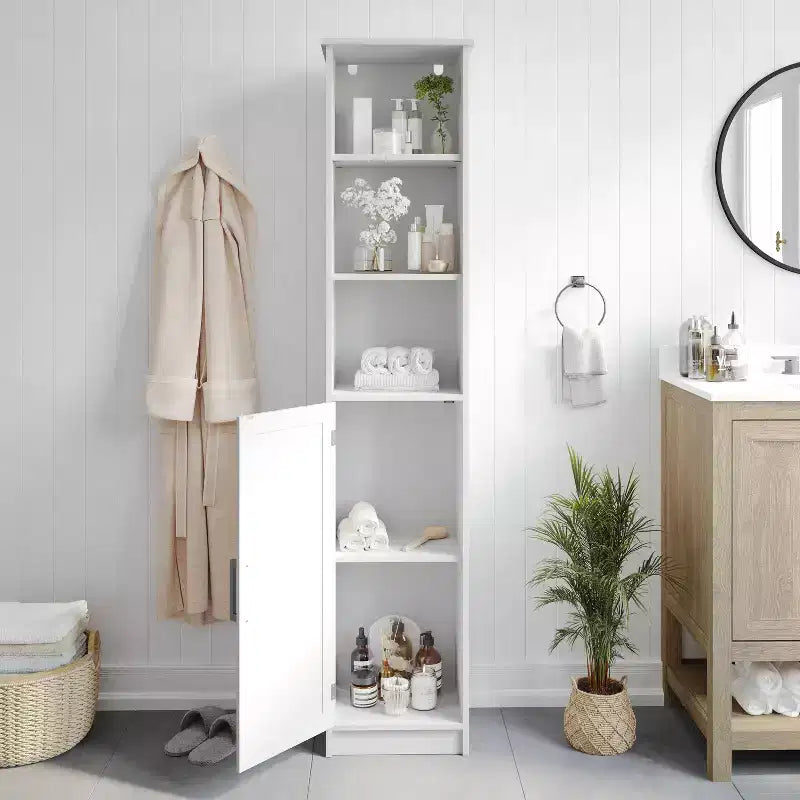 Meuble de rangement pour salle de bain autonome, colonne de rangement étroite avec porte, étagère intérieure réglable et étagères supérieures ouvertes