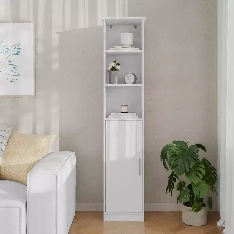 Meuble de rangement pour salle de bain autonome, colonne de rangement étroite avec porte, étagère intérieure réglable et étagères supérieures ouvertes