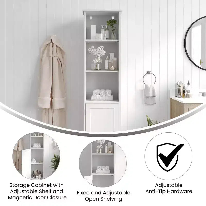 Meuble de rangement pour salle de bain autonome, colonne de rangement étroite avec porte, étagère intérieure réglable et étagères supérieures ouvertes