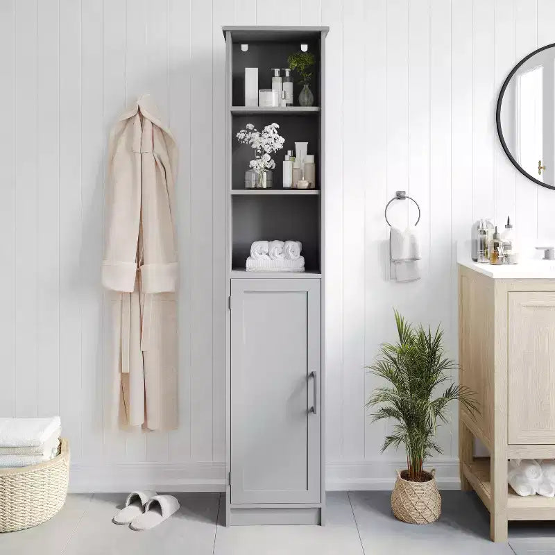 Meuble de rangement pour salle de bain autonome, colonne de rangement étroite avec porte, étagère intérieure réglable et étagères supérieures ouvertes