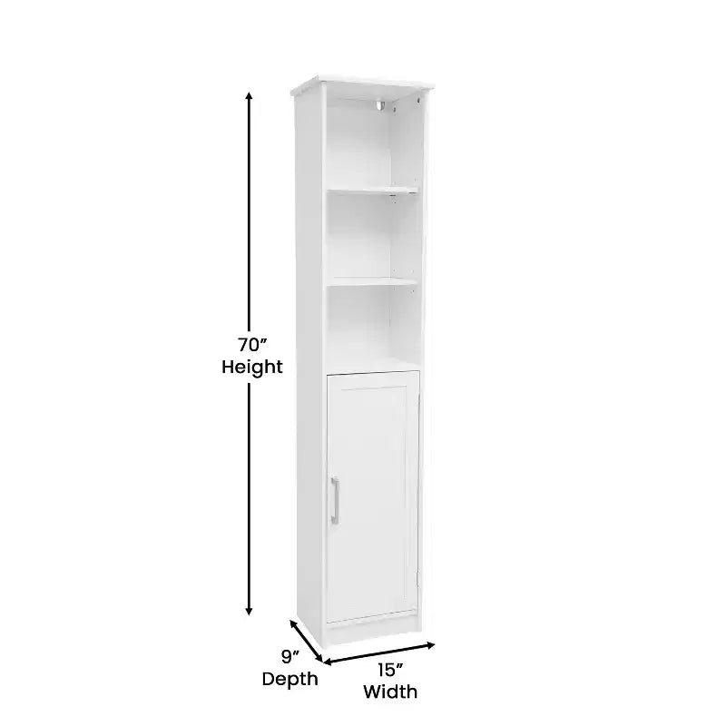 Meuble de rangement pour salle de bain autonome, colonne de rangement étroite avec porte, étagère intérieure réglable et étagères supérieures ouvertes