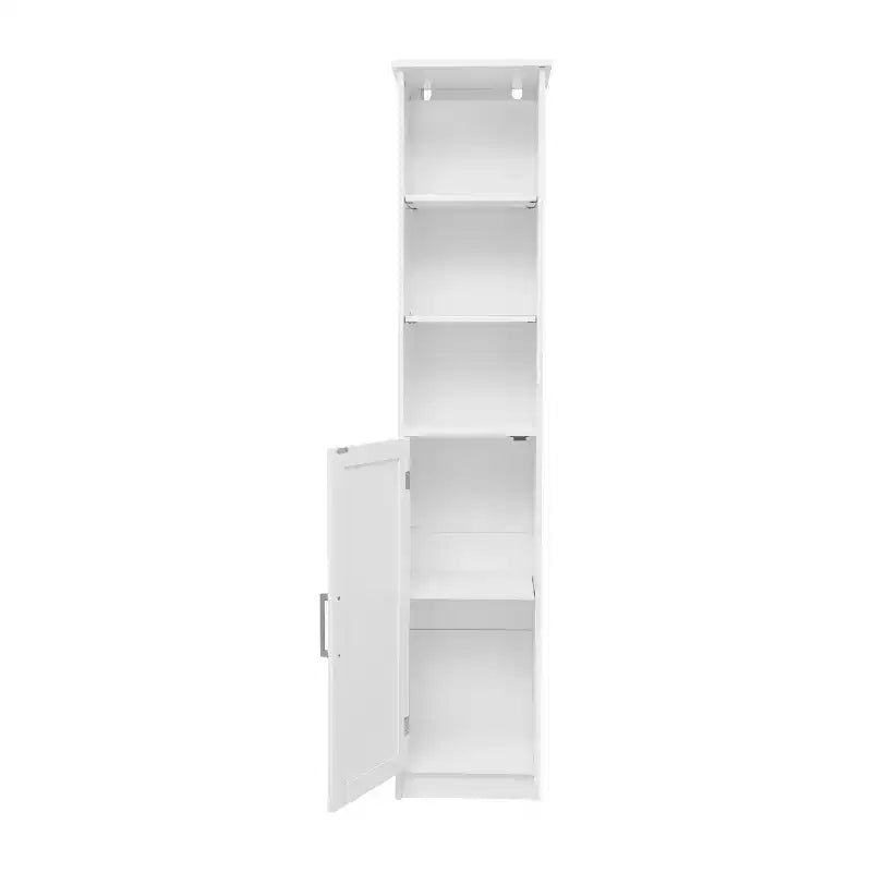Meuble de rangement pour salle de bain autonome, colonne de rangement étroite avec porte, étagère intérieure réglable et étagères supérieures ouvertes