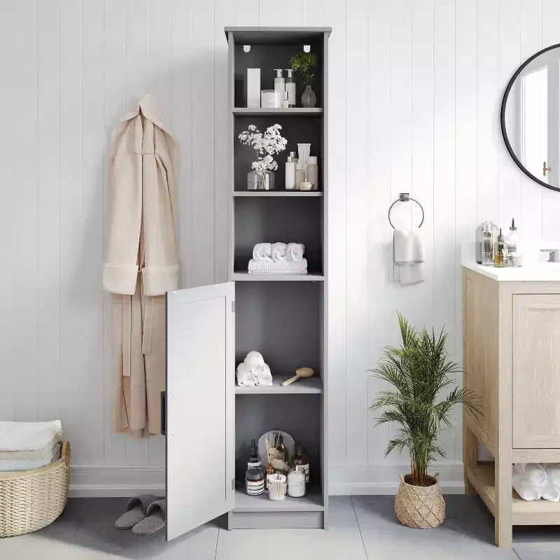 Meuble de rangement pour salle de bain autonome, colonne de rangement étroite avec porte, étagère intérieure réglable et étagères supérieures ouvertes
