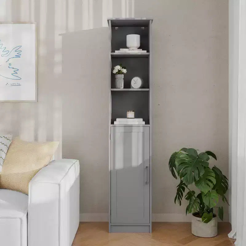 Meuble de rangement pour salle de bain autonome, colonne de rangement étroite avec porte, étagère intérieure réglable et étagères supérieures ouvertes