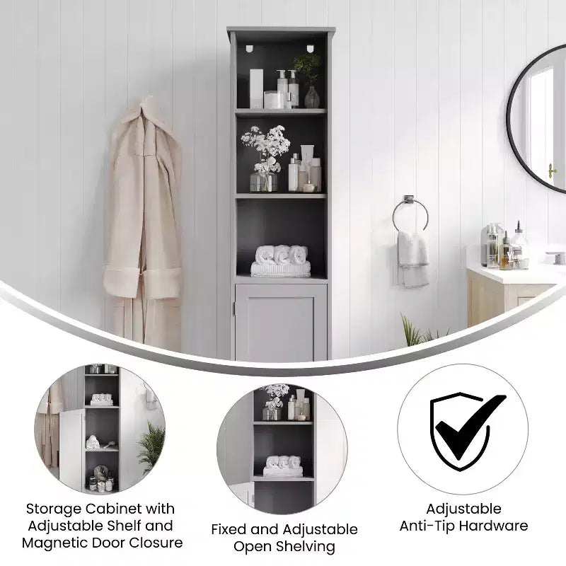 Meuble de rangement pour salle de bain autonome, colonne de rangement étroite avec porte, étagère intérieure réglable et étagères supérieures ouvertes