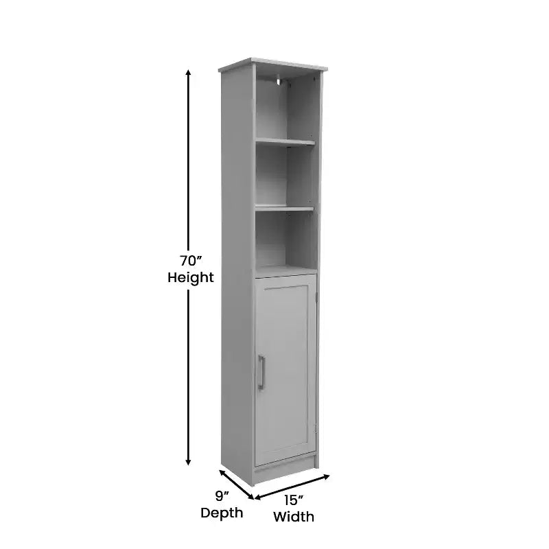 Meuble de rangement pour salle de bain autonome, colonne de rangement étroite avec porte, étagère intérieure réglable et étagères supérieures ouvertes
