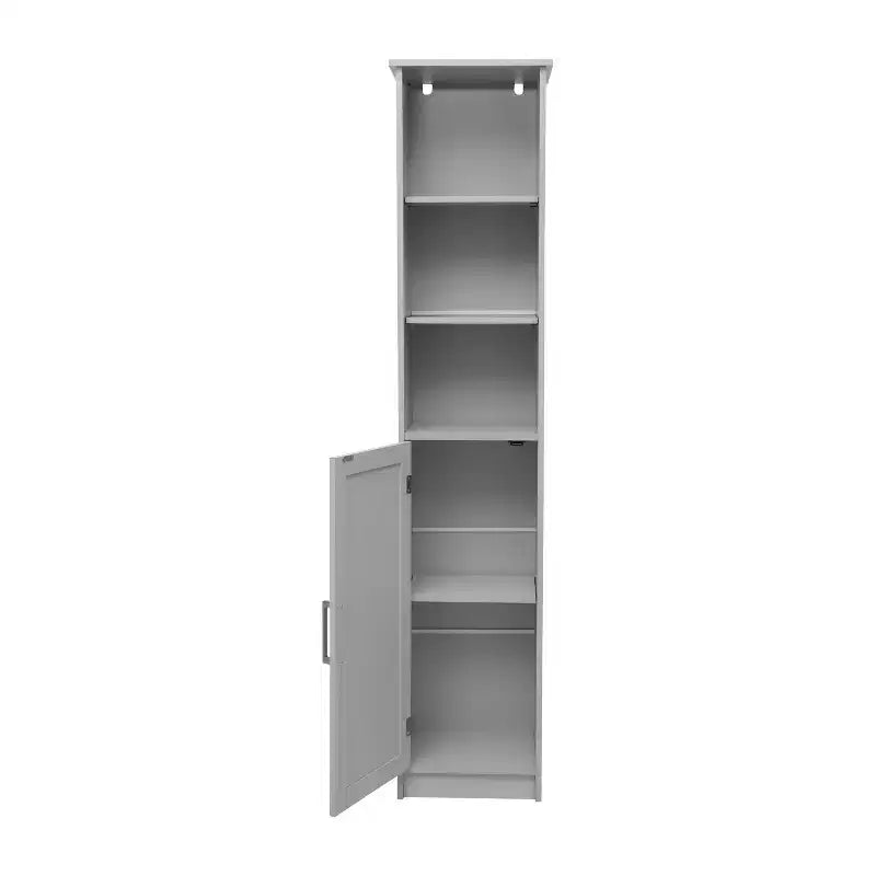 Meuble de rangement pour salle de bain autonome, colonne de rangement étroite avec porte, étagère intérieure réglable et étagères supérieures ouvertes