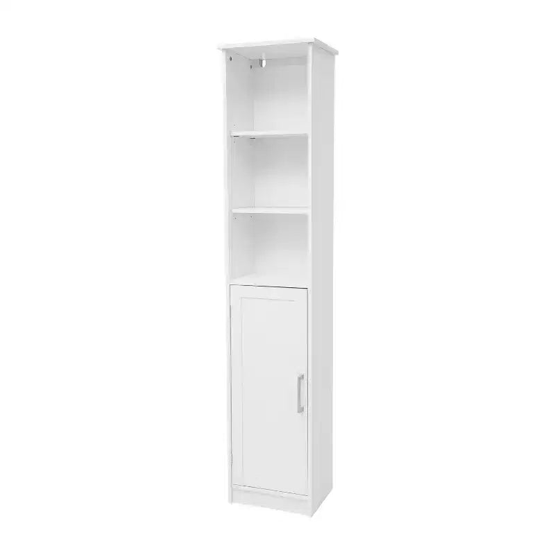 Meuble de rangement pour salle de bain autonome, colonne de rangement étroite avec porte, étagère intérieure réglable et étagères supérieures ouvertes