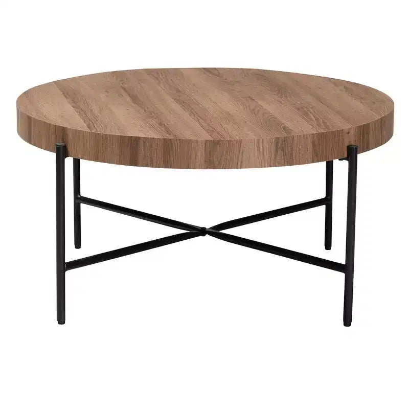 Table basse en bois couleur noyer et métal noir au style industriel moderne