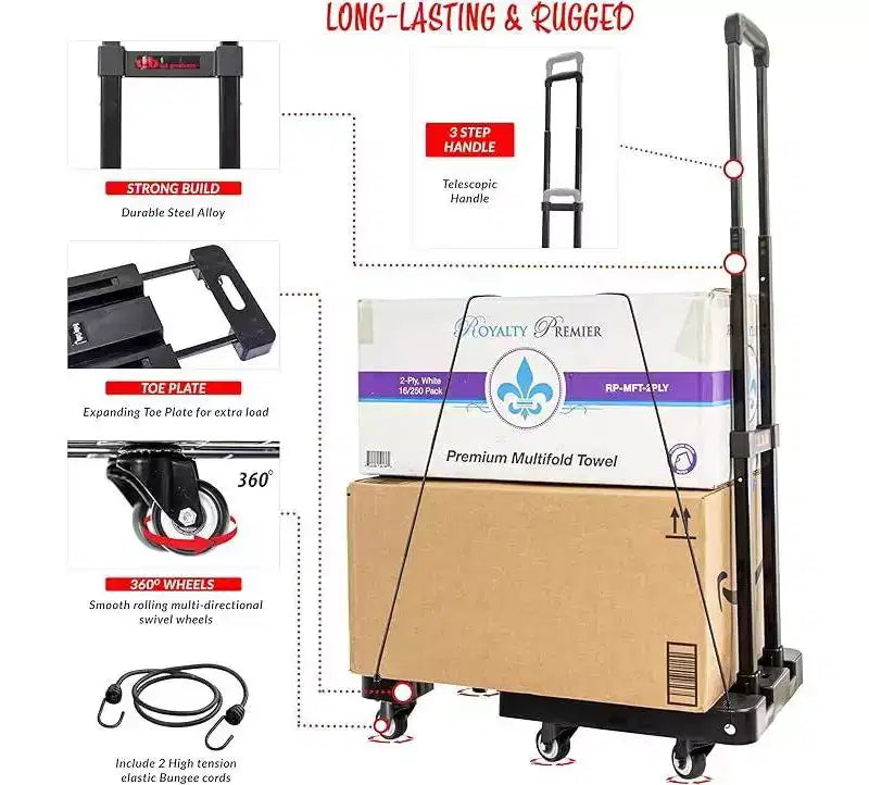 Chariot de plateforme à 6 roues pliable avec poignée télescopique et plaque de chargement extensible - Comprend 2 sandows