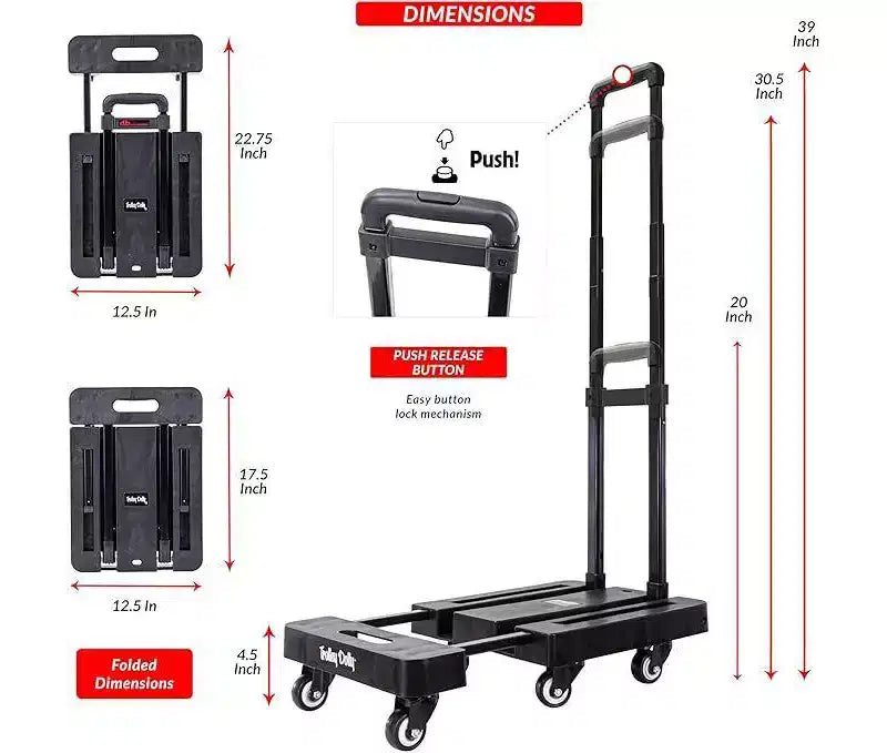 Chariot de plateforme à 6 roues pliable avec poignée télescopique et plaque de chargement extensible - Comprend 2 sandows