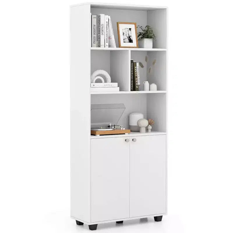 Costway 66 Tall Home 5 Tier Free Standing Bookshelf 2-Door Storage Cabinet Display Rack