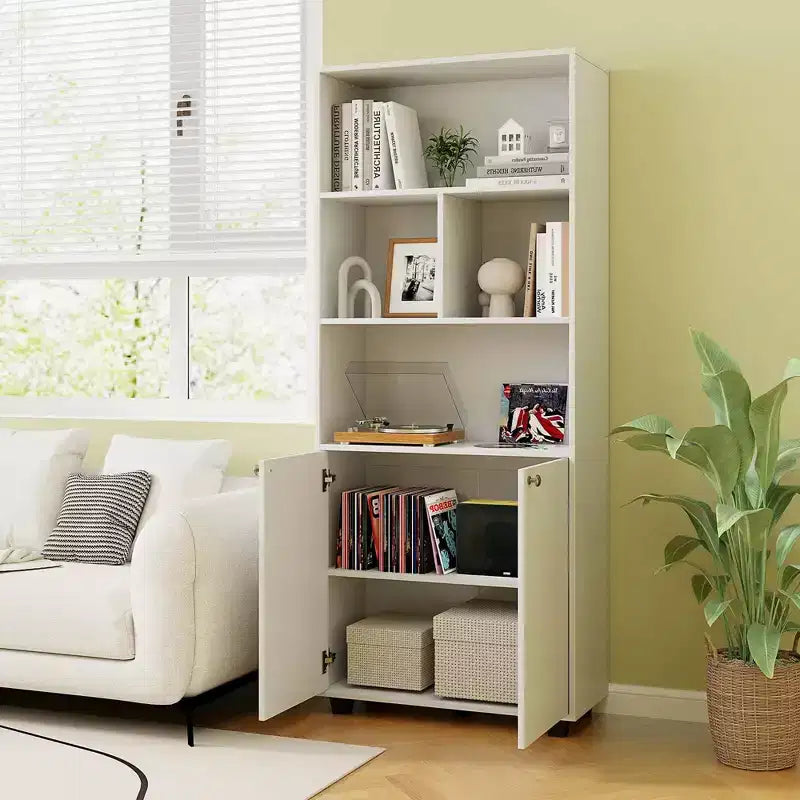 Bibliothèque autoportante à 5 niveaux de 168 cm de haut avec meuble de rangement à 2 portes et étagère de présentation