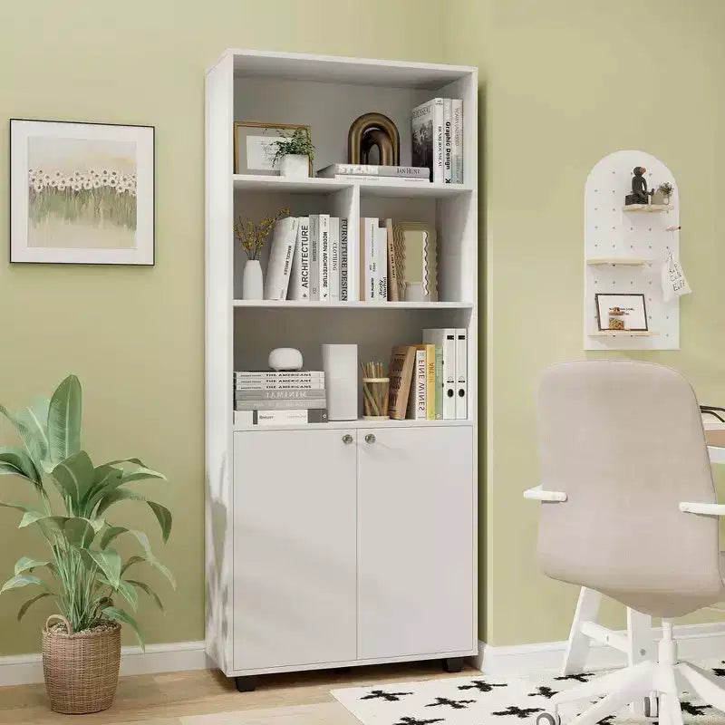 Bibliothèque autoportante à 5 niveaux de 168 cm de haut avec meuble de rangement à 2 portes et étagère de présentation