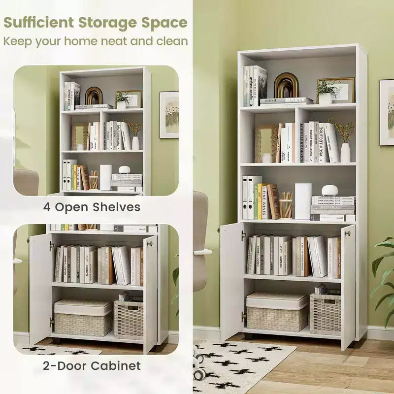 Bibliothèque autoportante à 5 niveaux de 168 cm de haut avec meuble de rangement à 2 portes et étagère de présentation