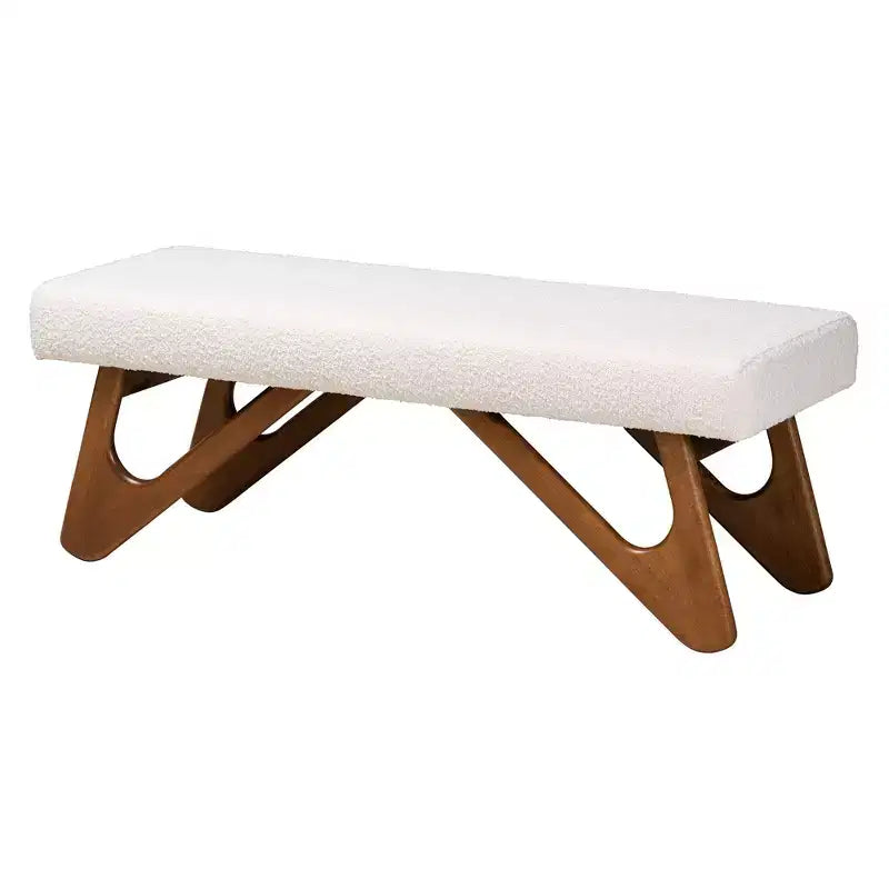 Banc Japandi en tissu bouclé crème et bois de noyer
